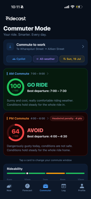 RideCast Commuter Mode showing morning and evening ride scores