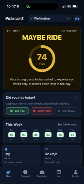 RideCast daily forecast with verdict, score and conditions