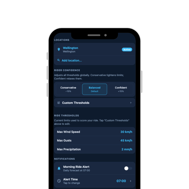 RideCast rider confidence settings